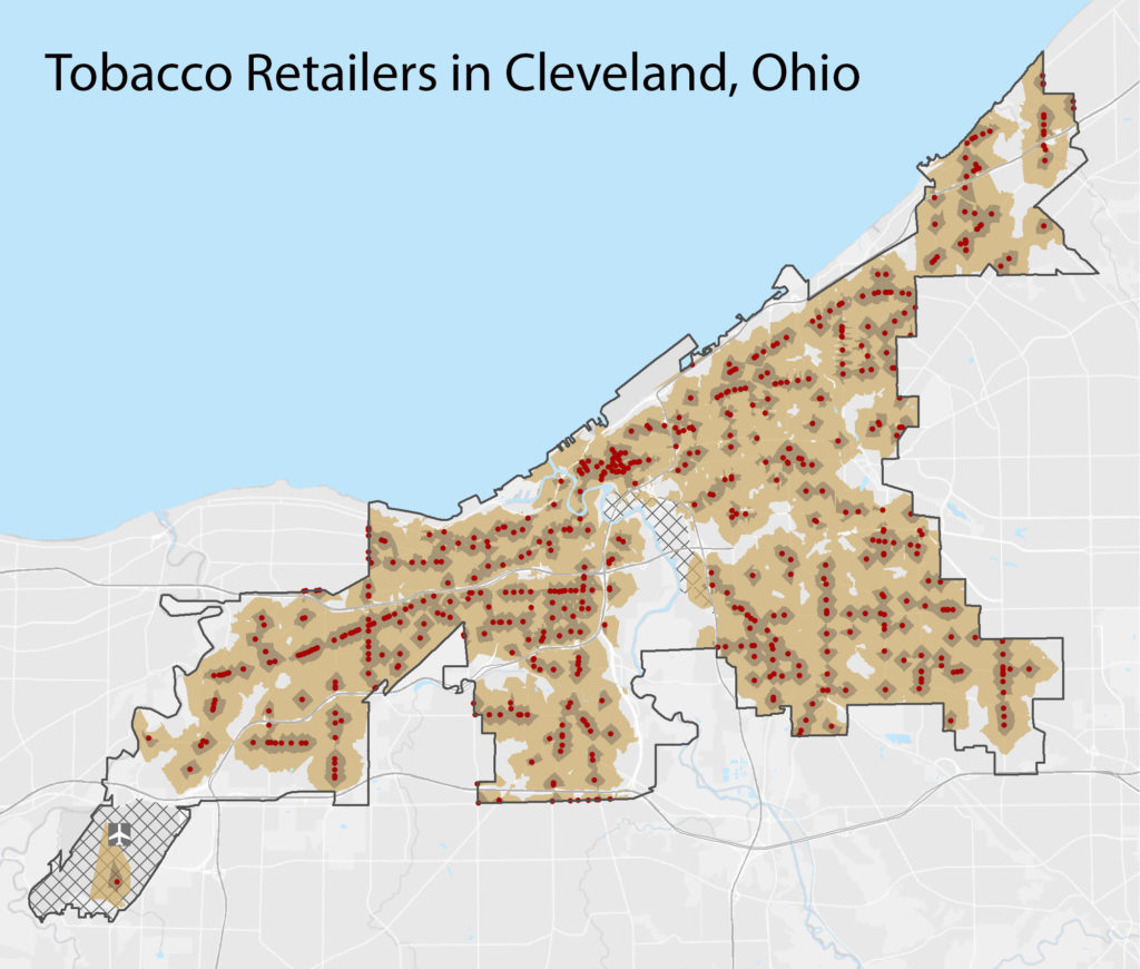 Map of areas in Cleveland, Ohio with a glut of tobacco retailers