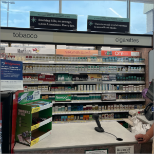 warning signs posted at Walgreens pharmacy in Ludington, MI